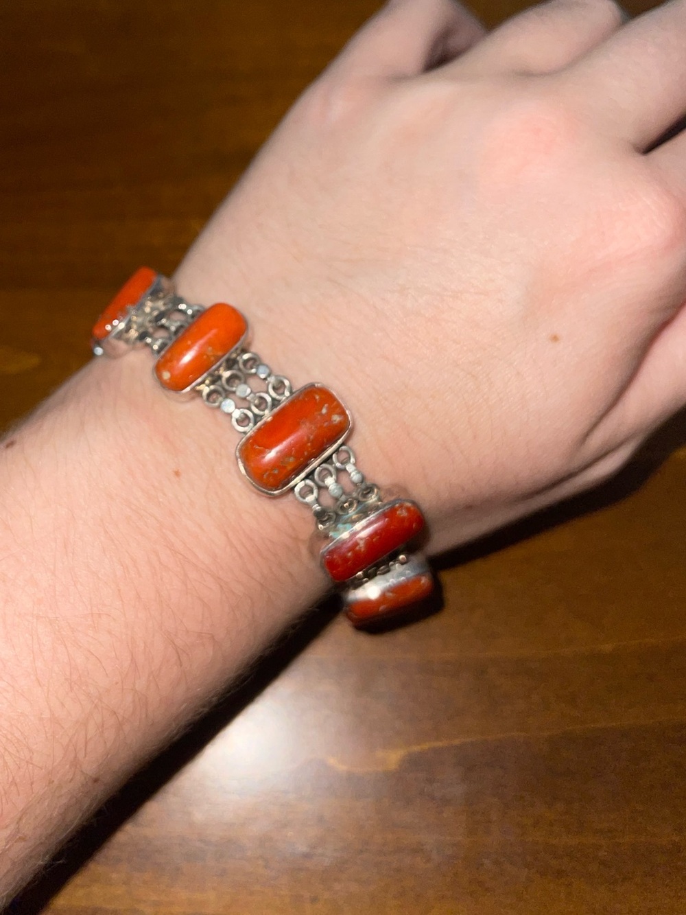 Sterling Silver Orange Coral Link Bracelet